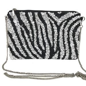 Beaded Black and White Zebra Animal Print Evening Handbag with Chain Strap